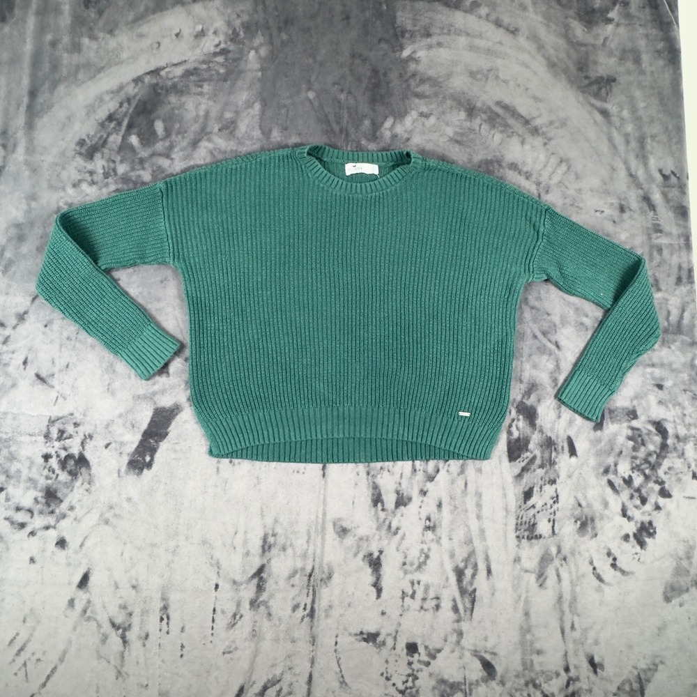 Hollister Ribbed Crewneck Sweater Womens Small Green Long Sleeve Split Hem 4714